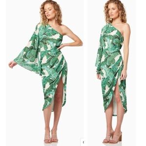 Elliatt Tory One-Shoulder Shift Asymmetrical Hi Low Palm Floral Print Midi Dress